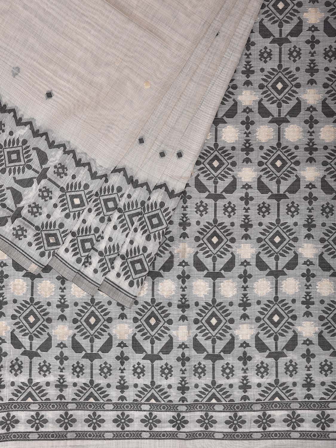 White and Grey Dhakai Jamdani Cotton Viscose Saree with Border and Pallu Design dj0242