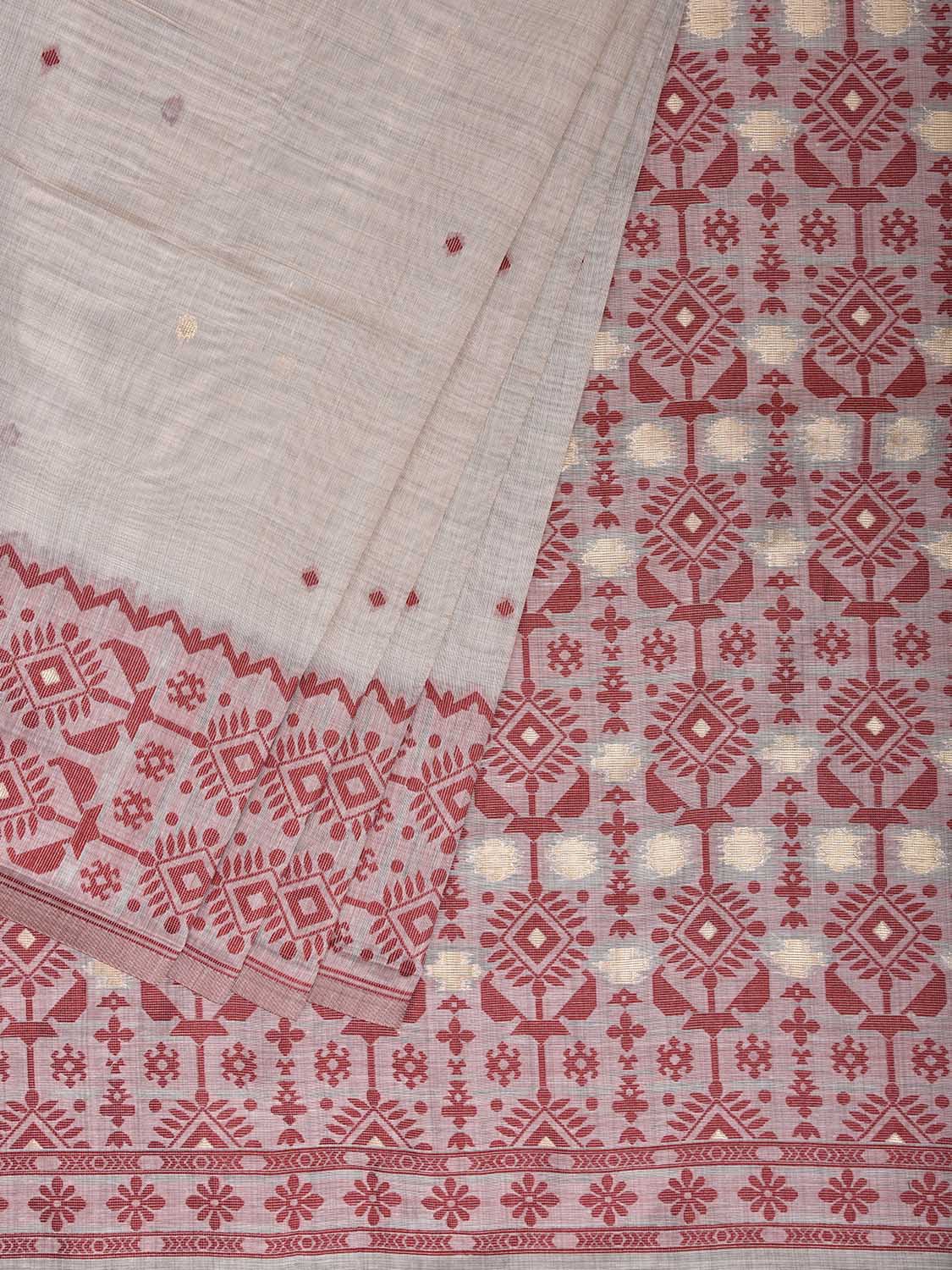White and Red Dhakai Jamdani Cotton Viscose Saree with Border and Pallu Design dj0243