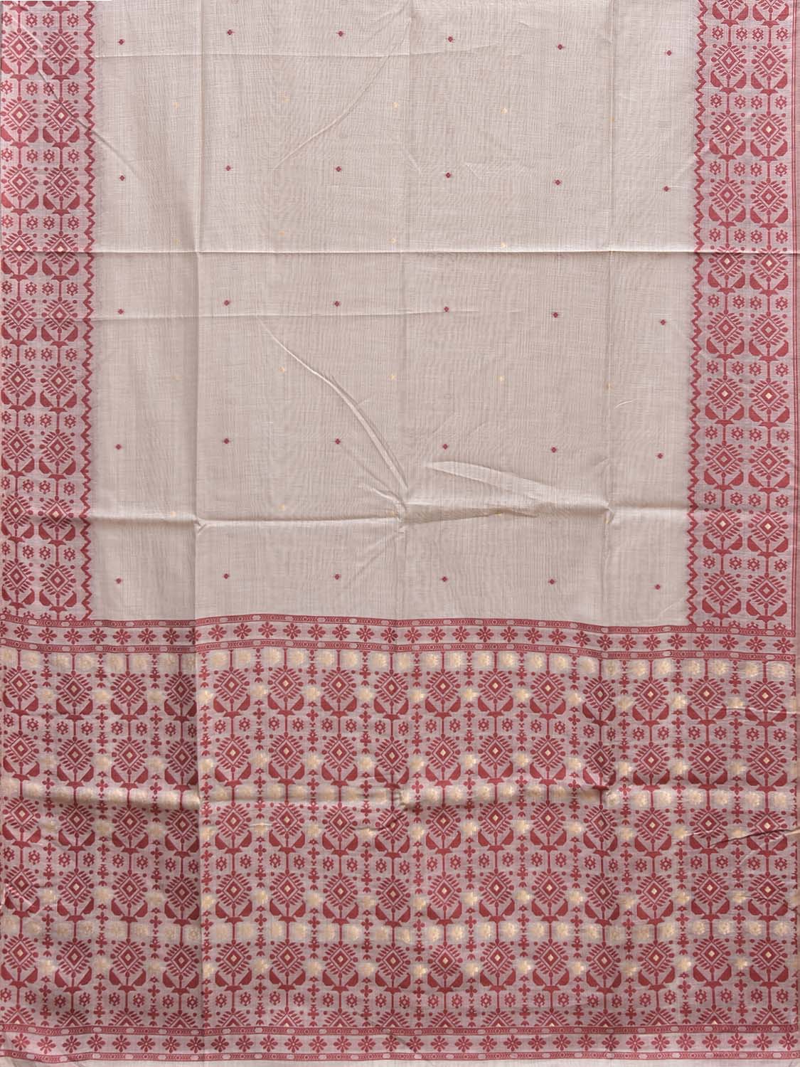 White and Red Dhakai Jamdani Cotton Viscose Saree with Border and Pallu Design dj0243