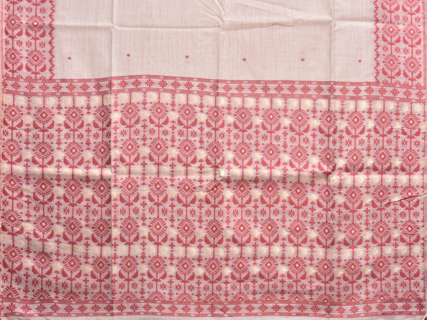 White and Red Dhakai Jamdani Cotton Viscose Saree with Border and Pallu Design dj0243