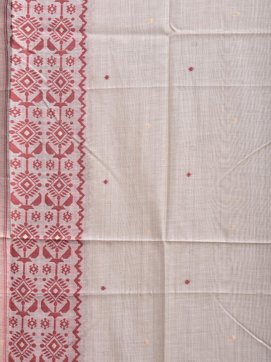 White and Red Dhakai Jamdani Cotton Viscose Saree with Border and Pallu Design dj0243