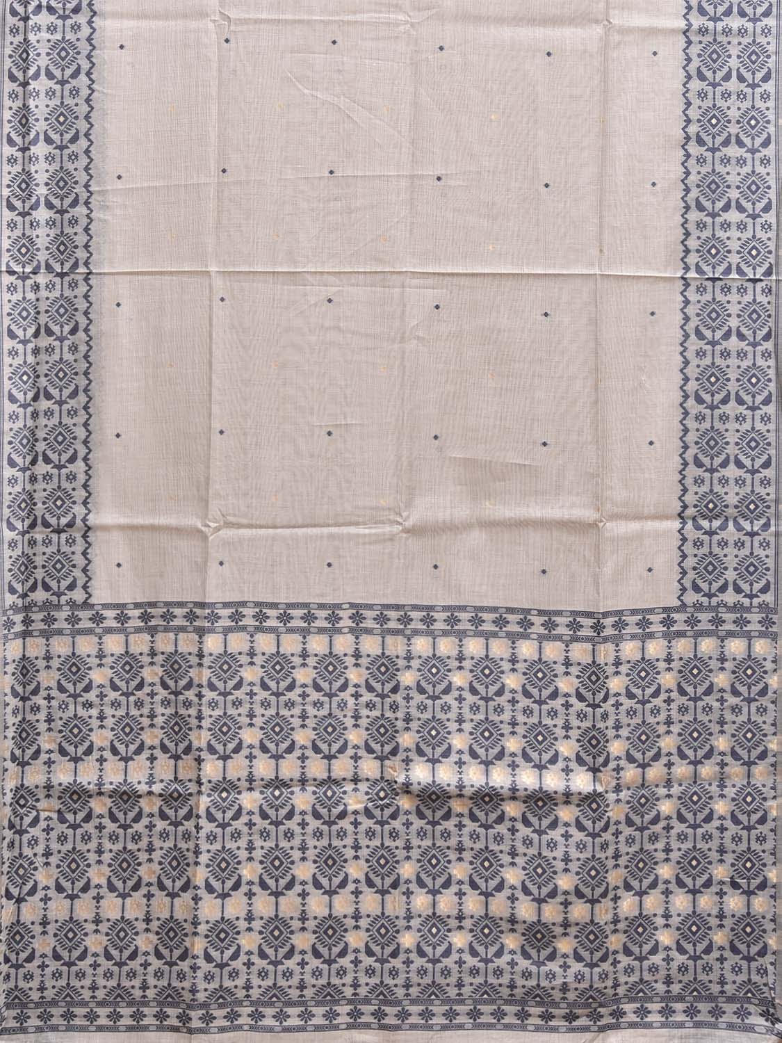 White and Dark Blue Dhakai Jamdani Cotton Viscose Saree with Border and Pallu Design dj0244