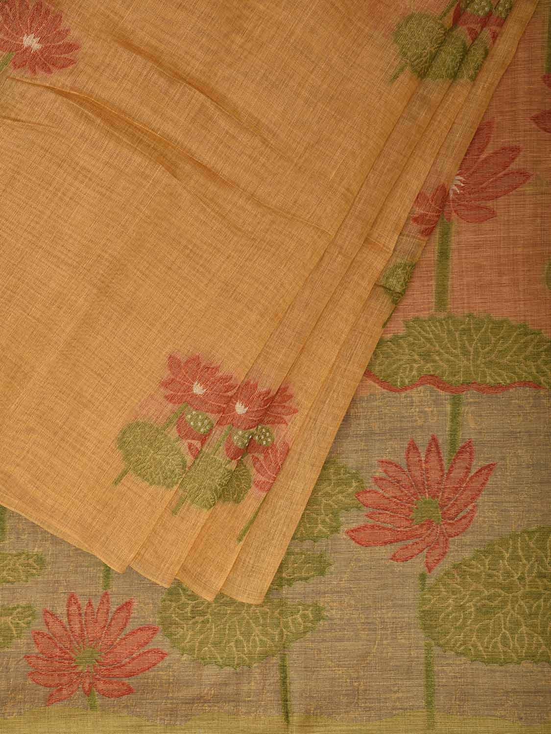 Yellow Dhakai Jamdani Cotton Viscose Saree with Lotus Pond Pallu Design dj0245
