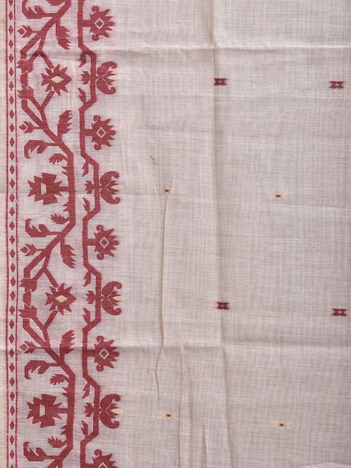 Beige and Dark Red Dhakai Jamdani Cotton Viscose Saree with Border and Pallu Design dj0247