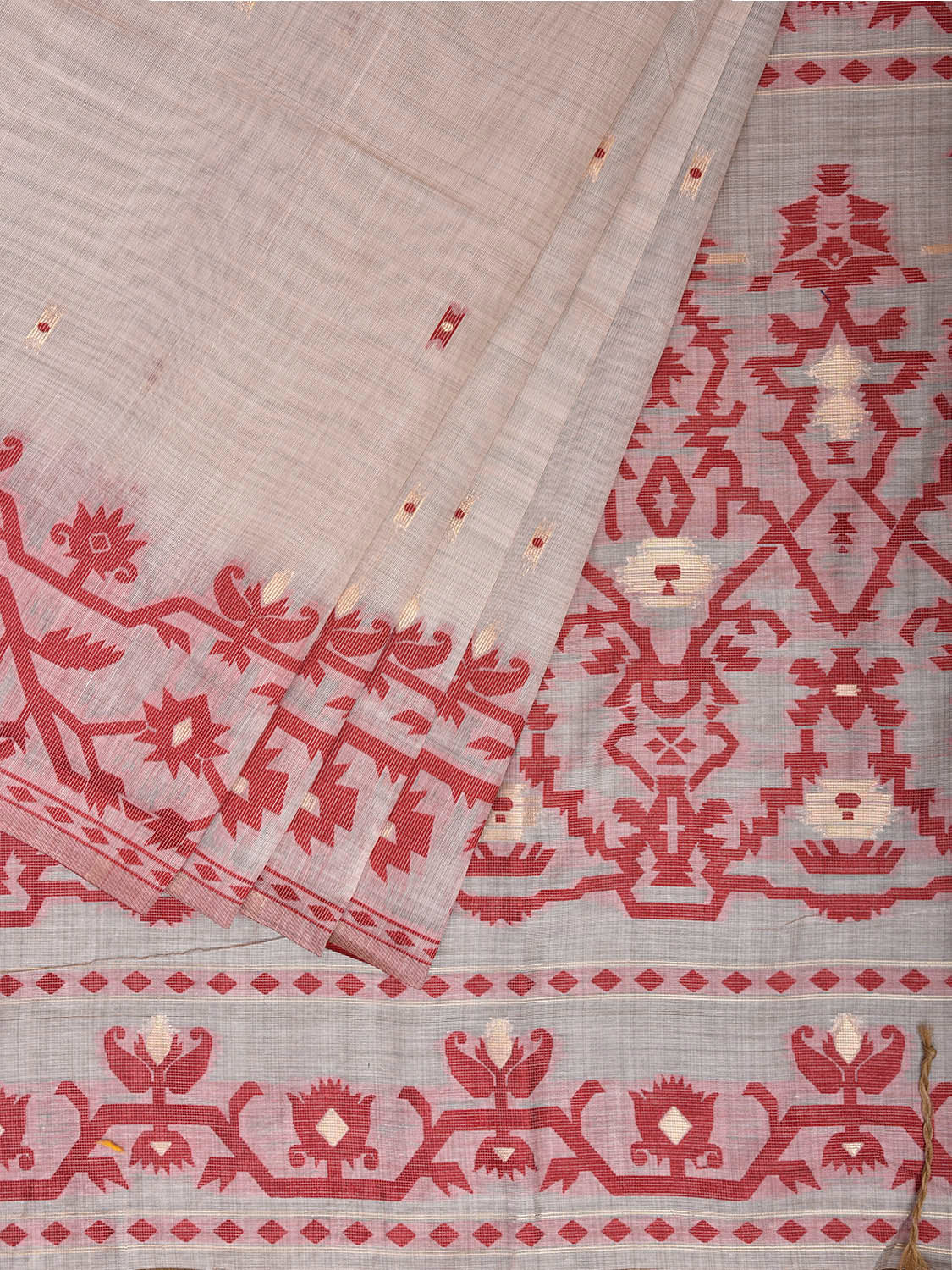 White and Red Dhakai Jamdani Cotton Viscose Saree with Border and Pallu Design dj0249