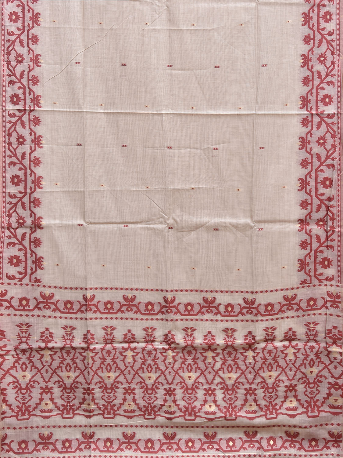 White and Red Dhakai Jamdani Cotton Viscose Saree with Border and Pallu Design dj0249