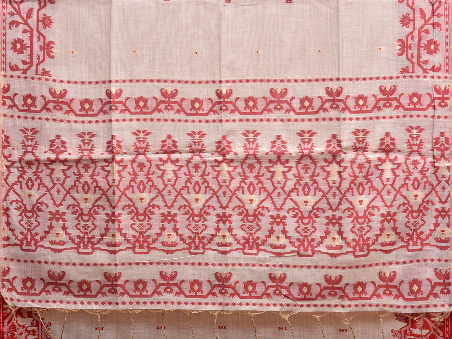 White and Red Dhakai Jamdani Cotton Viscose Saree with Border and Pallu Design dj0249