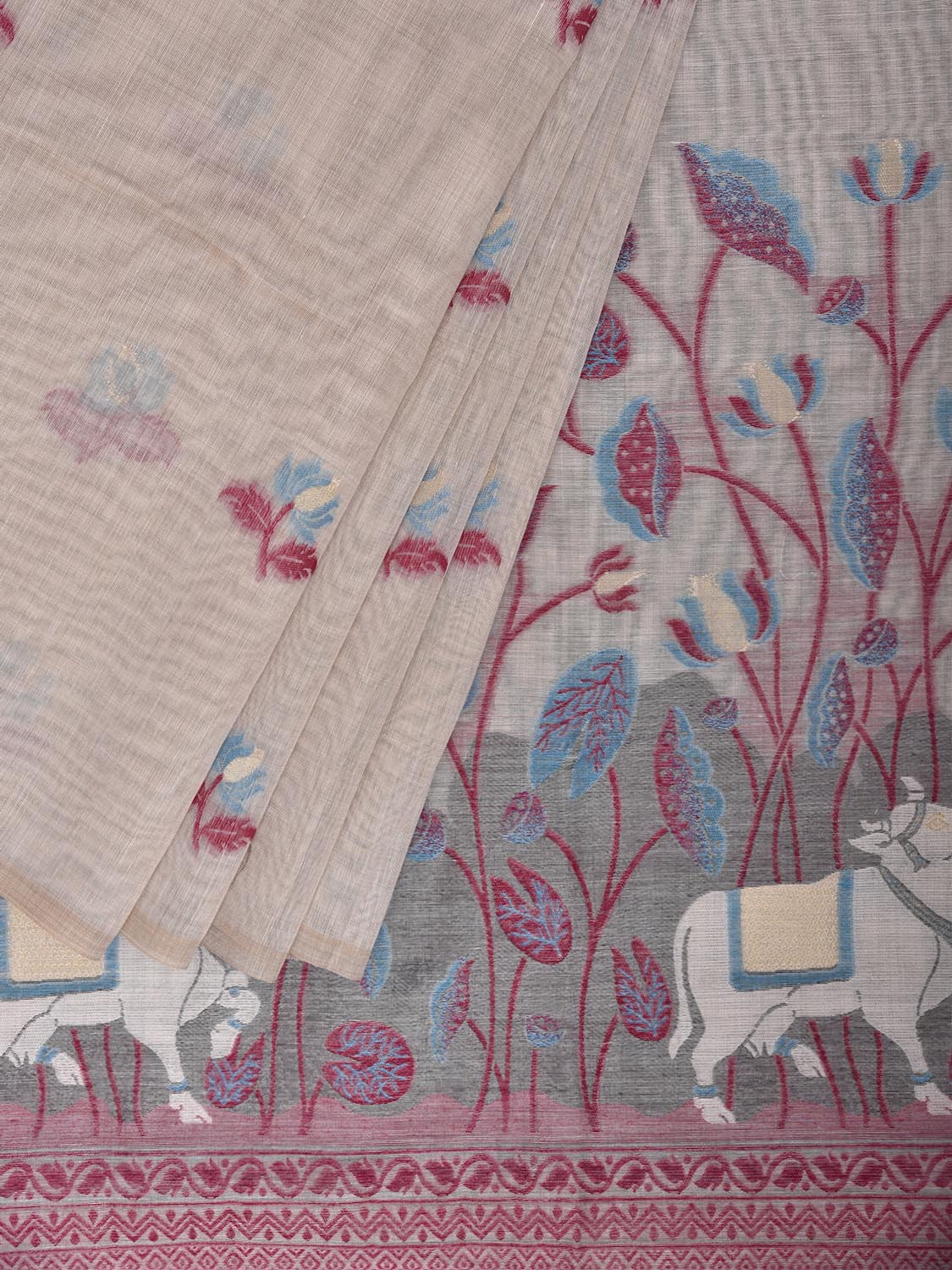 Beige Dhakai Jamdani Cotton Viscose Saree with Cows and Plants Pallu Design dj0254