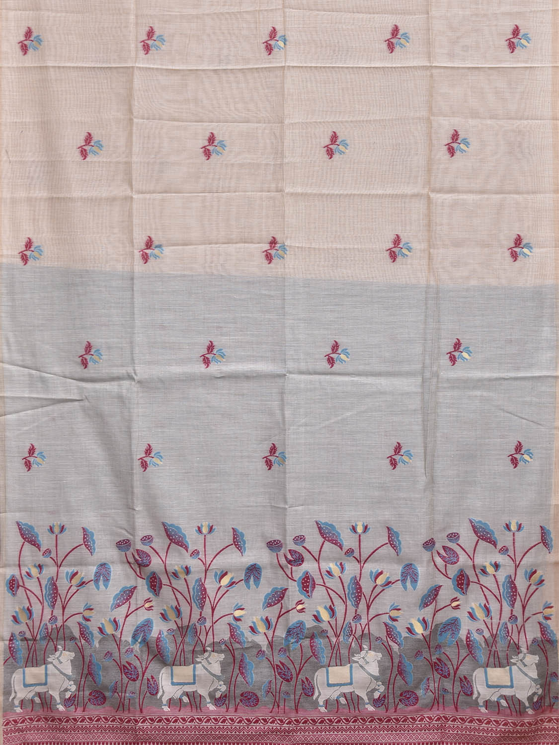 Beige Dhakai Jamdani Cotton Viscose Saree with Cows and Plants Pallu Design dj0254