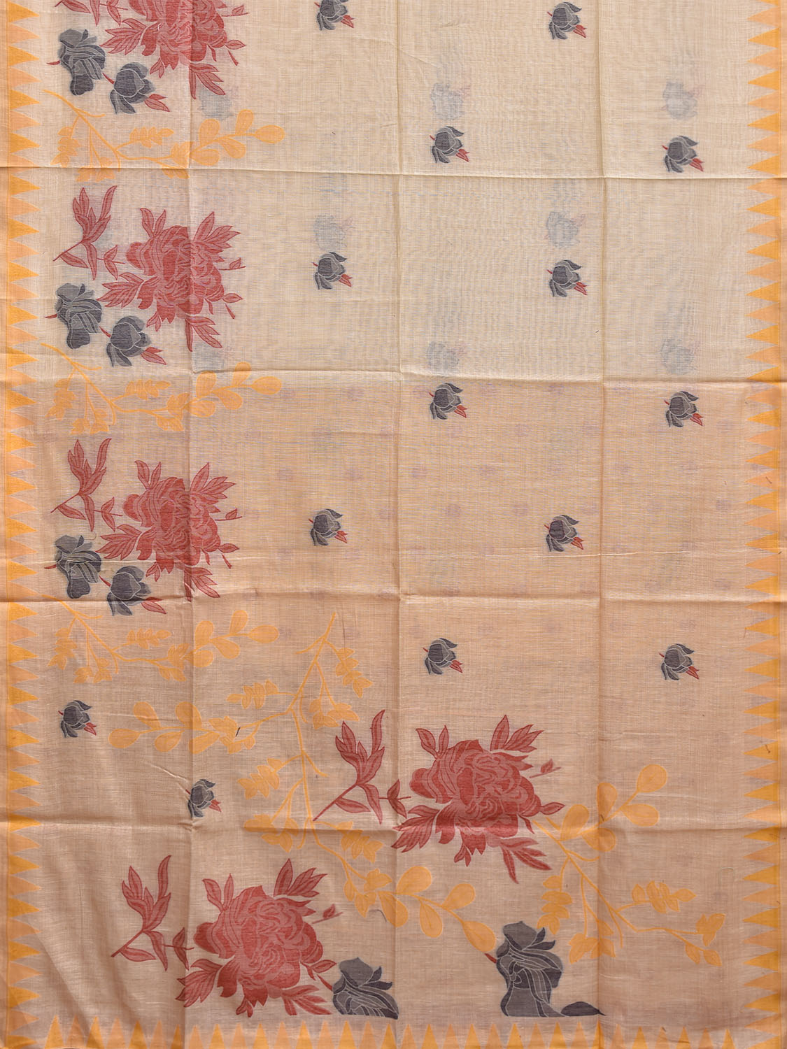 Cream and Yellow Dhakai Jamdani Cotton Viscose Saree with Floral Pallu and Border Design dj0257