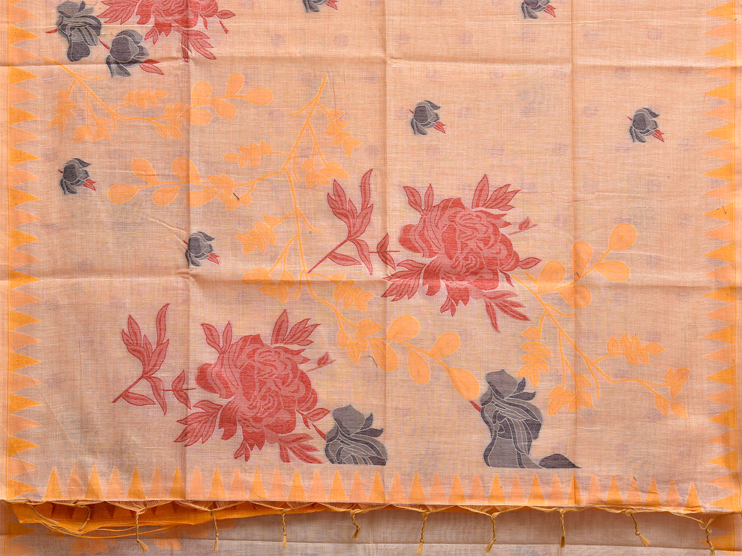 Cream and Yellow Dhakai Jamdani Cotton Viscose Saree with Floral Pallu and Border Design dj0257