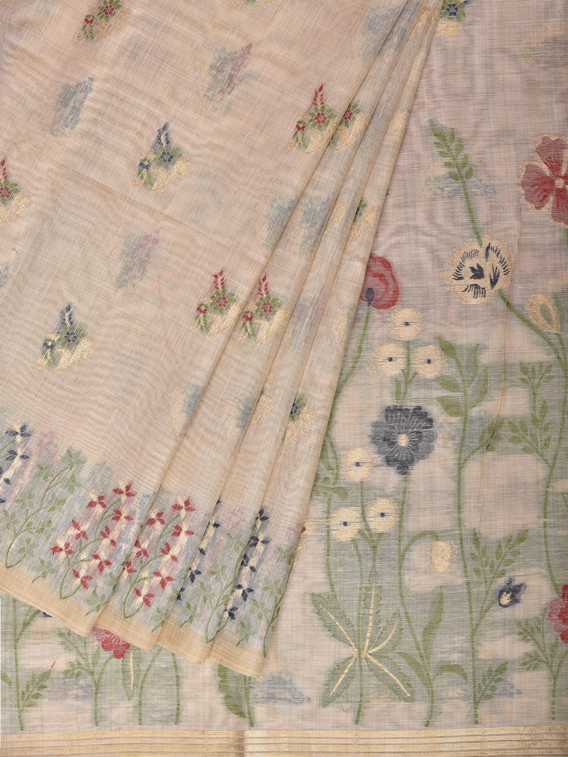 Cream Dhakai Jamdani Cotton Viscose Saree with Floral Pallu and Border Design dj0259