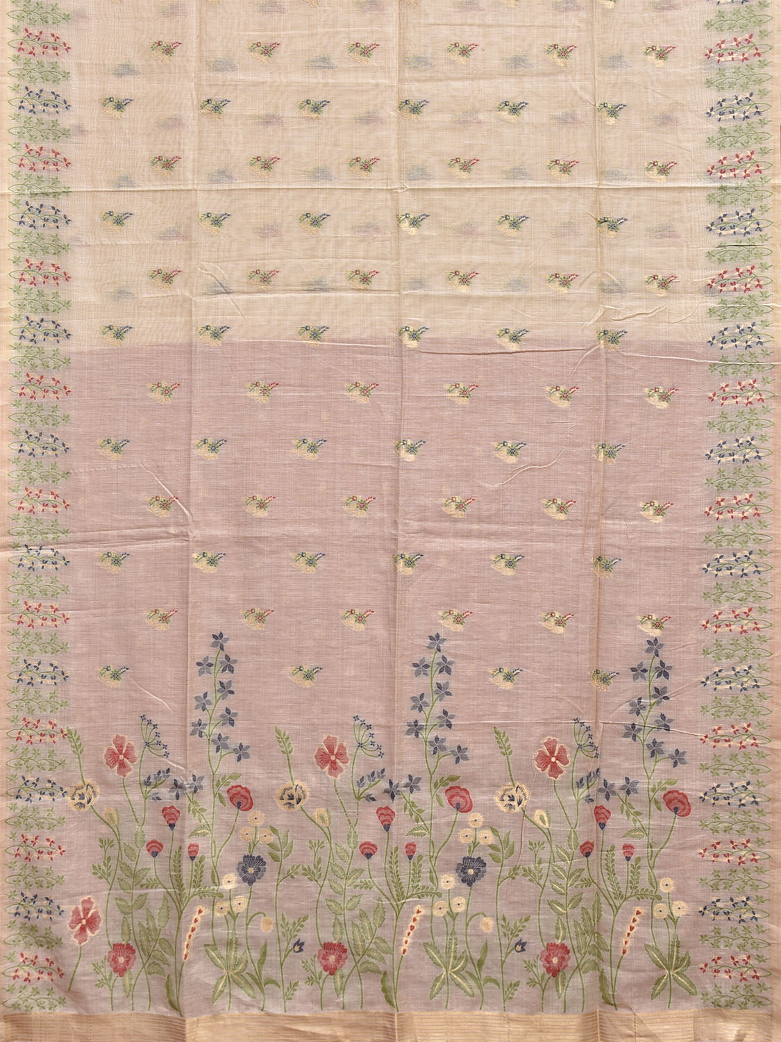 Cream Dhakai Jamdani Cotton Viscose Saree with Floral Pallu and Border Design dj0259