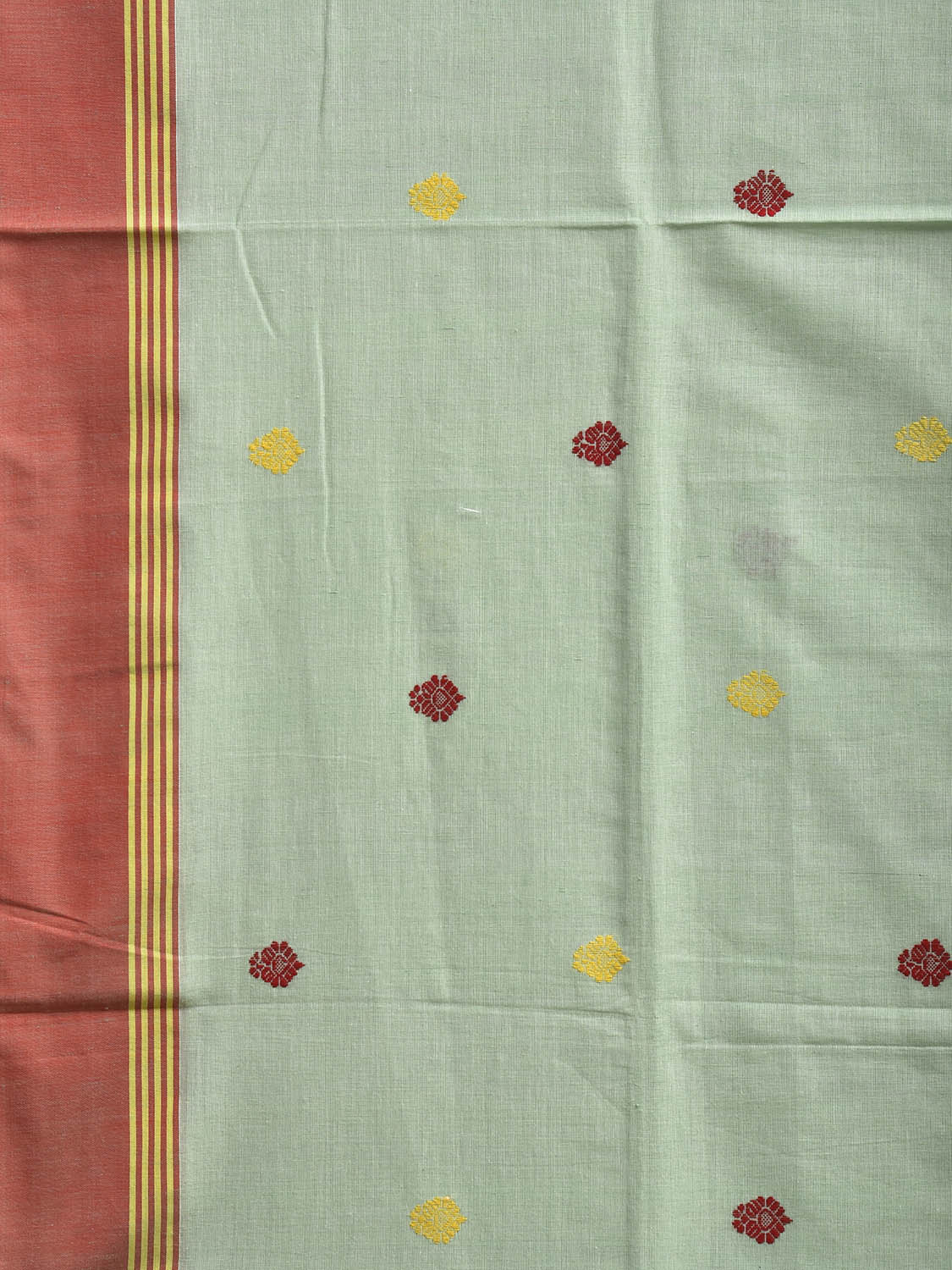 Sea Green and Red Dhakai Jamdani Cotton Saree with Assam Pallu Design No Blouse dj0271