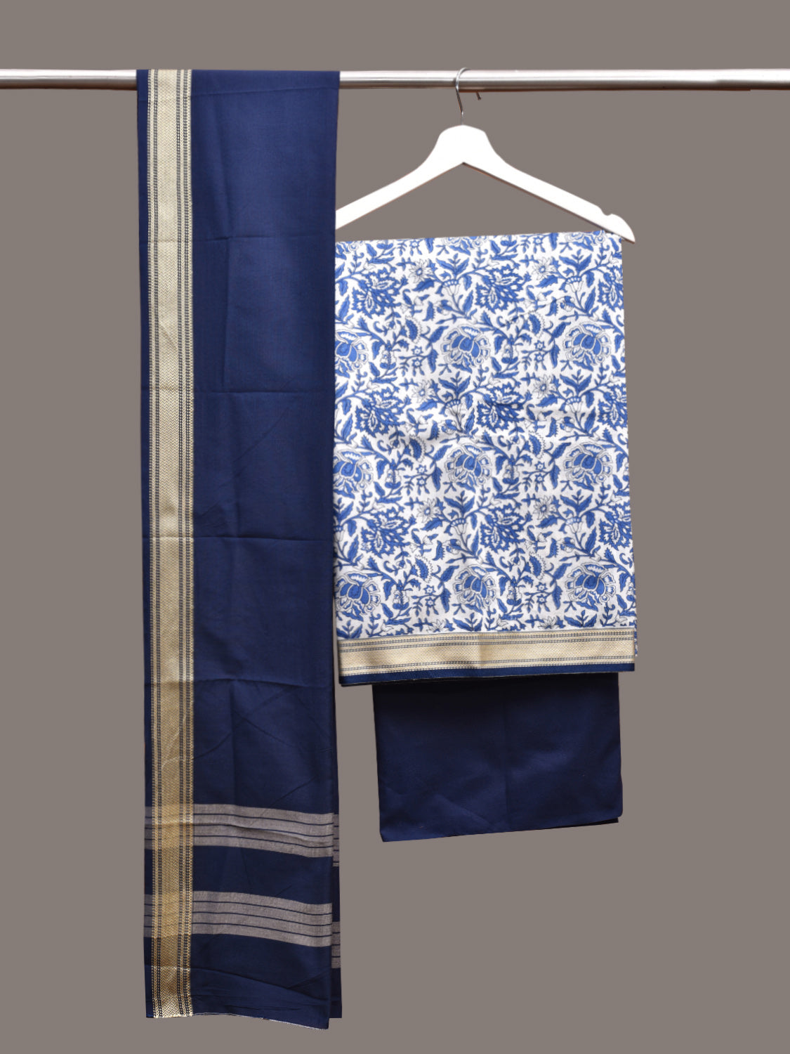 White and Dark Blue Bamboo Cotton Dress Material with Dupatta and Printed Top Plain Bottom Design dm0048