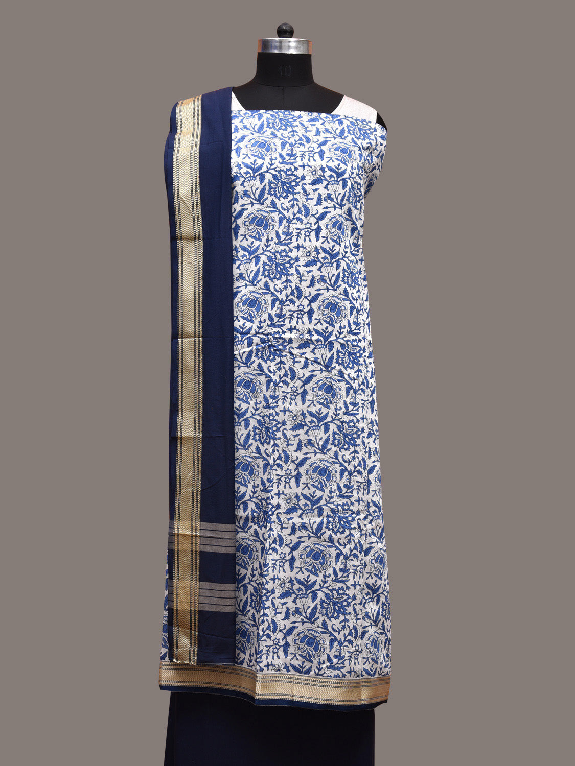 White and Dark Blue Bamboo Cotton Dress Material with Dupatta and Printed Top Plain Bottom Design dm0048
