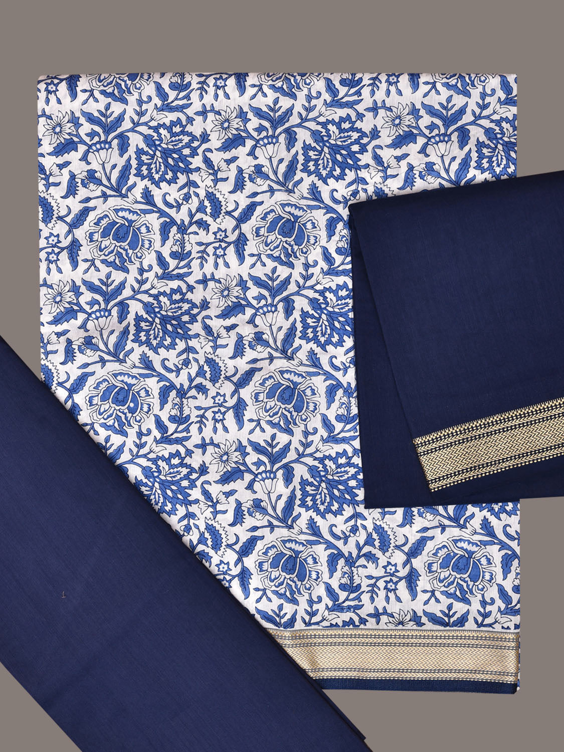 White and Dark Blue Bamboo Cotton Dress Material with Dupatta and Printed Top Plain Bottom Design dm0048