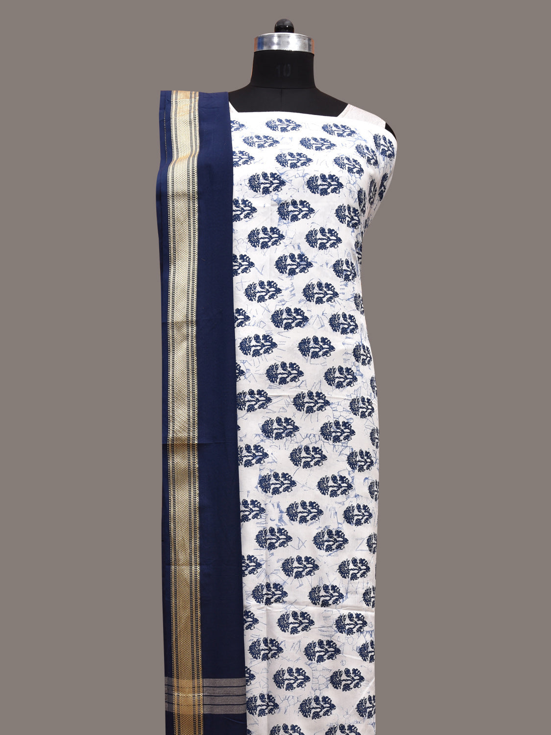 White and Dark Blue Bamboo Cotton Dress Material with Dupatta and Printed Top Plain Bottom Design dm0050