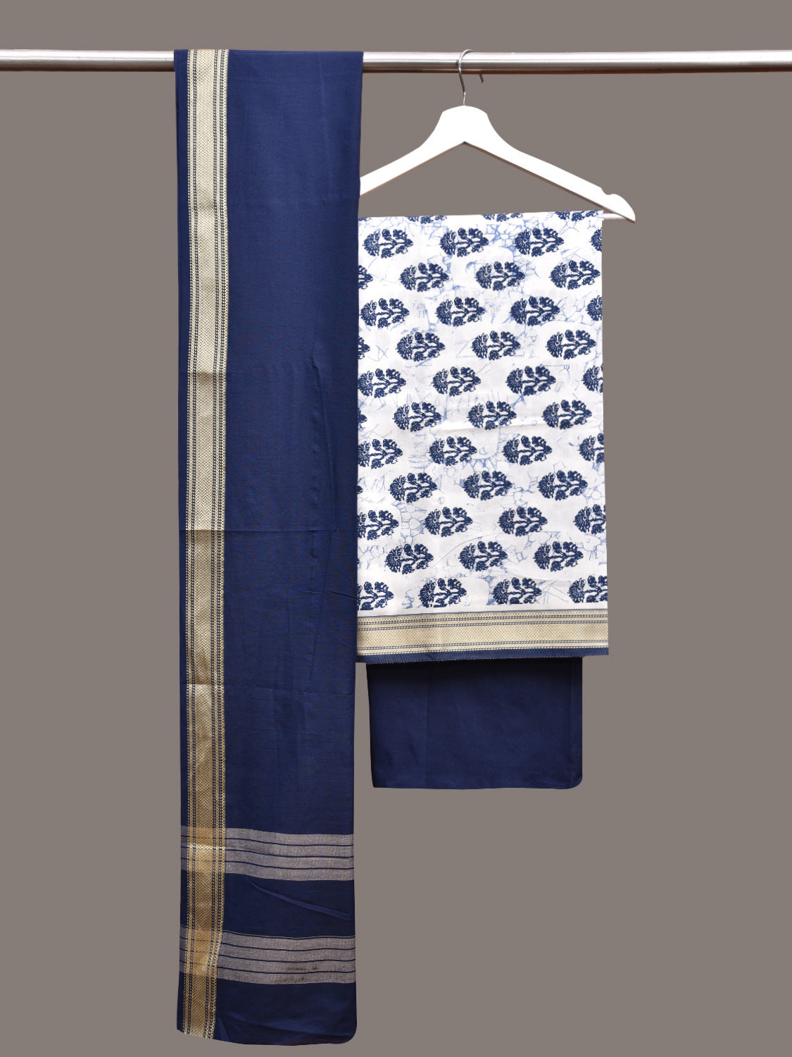 White and Dark Blue Bamboo Cotton Dress Material with Dupatta and Printed Top Plain Bottom Design dm0050