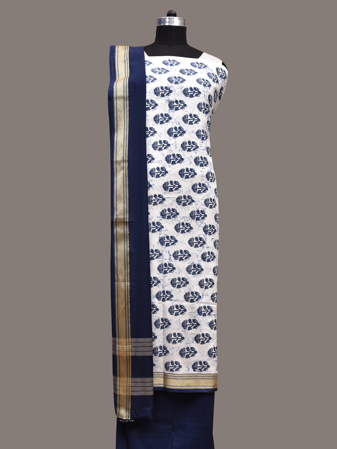 White and Dark Blue Bamboo Cotton Dress Material with Dupatta and Printed Top Plain Bottom Design dm0050
