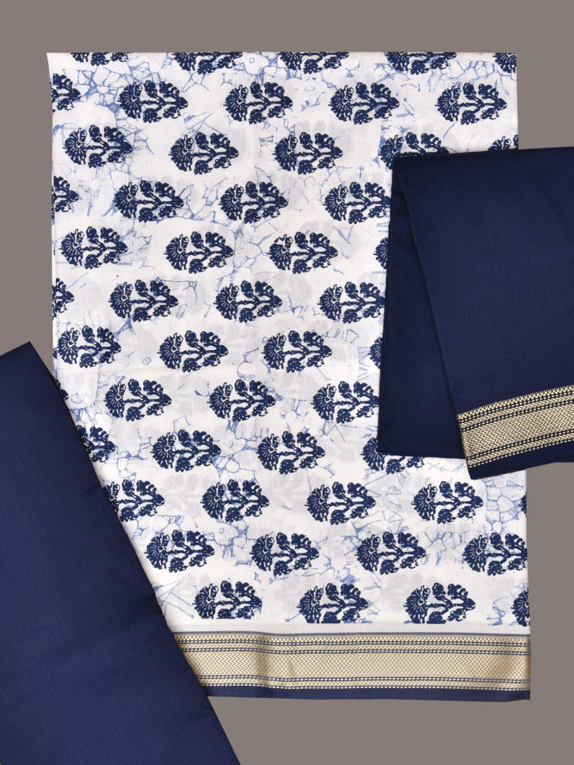 White and Dark Blue Bamboo Cotton Dress Material with Dupatta and Printed Top Plain Bottom Design dm0050