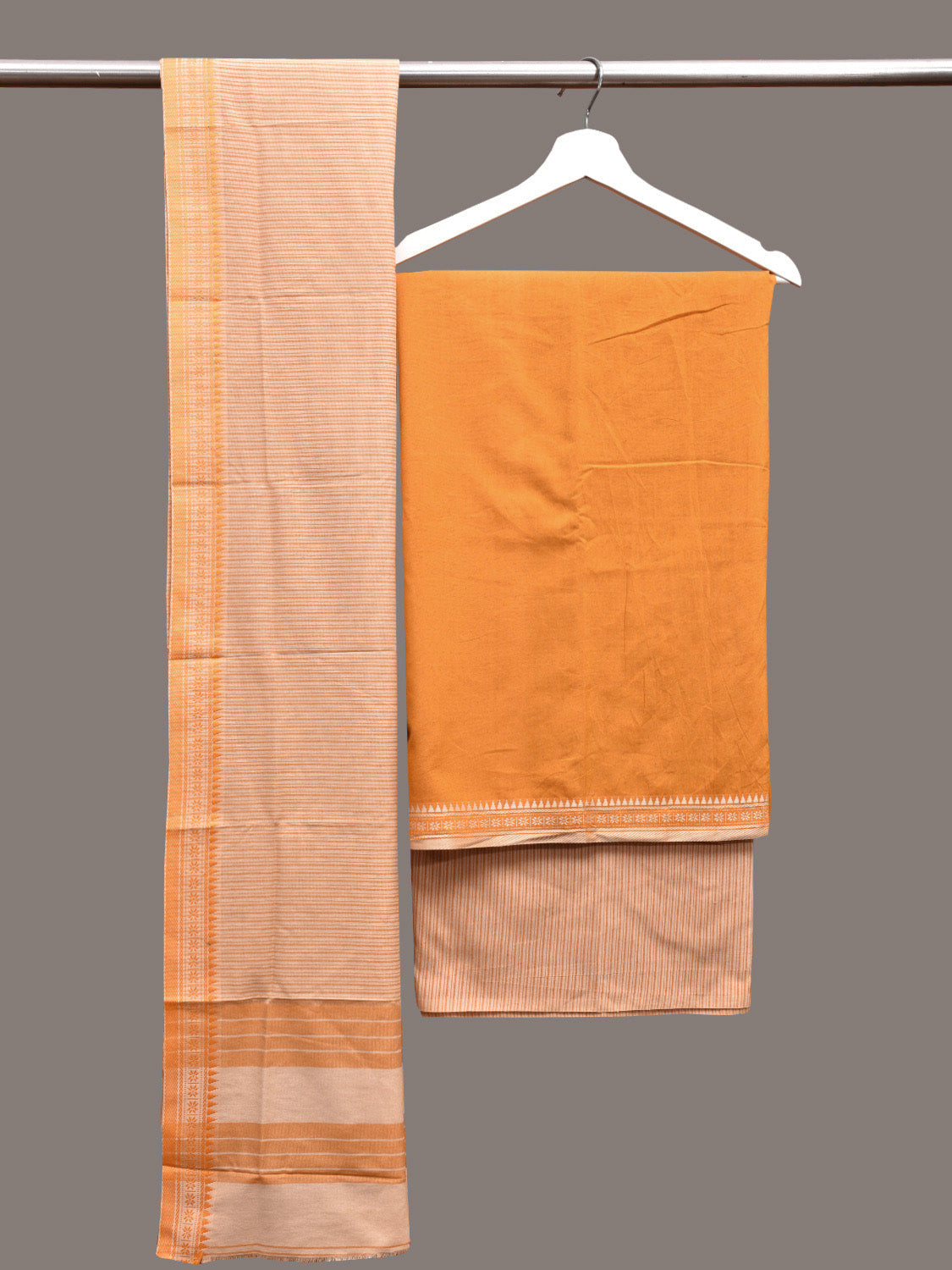 Yellow and Cream Bamboo Cotton Dress Material with Dupatta and Plain Top Strips Bottom Design dm0052