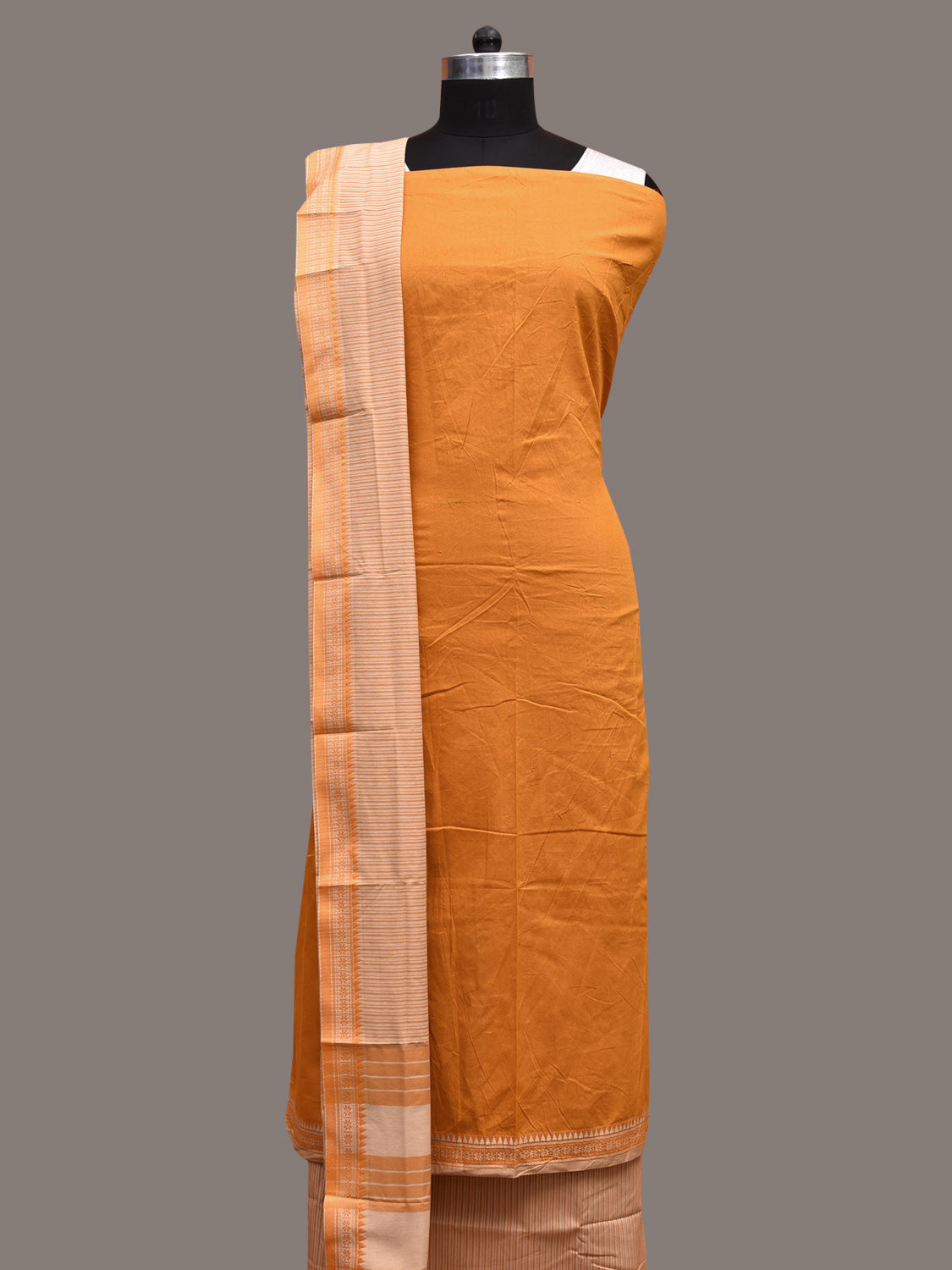 Yellow and Cream Bamboo Cotton Dress Material with Dupatta and Plain Top Strips Bottom Design dm0052