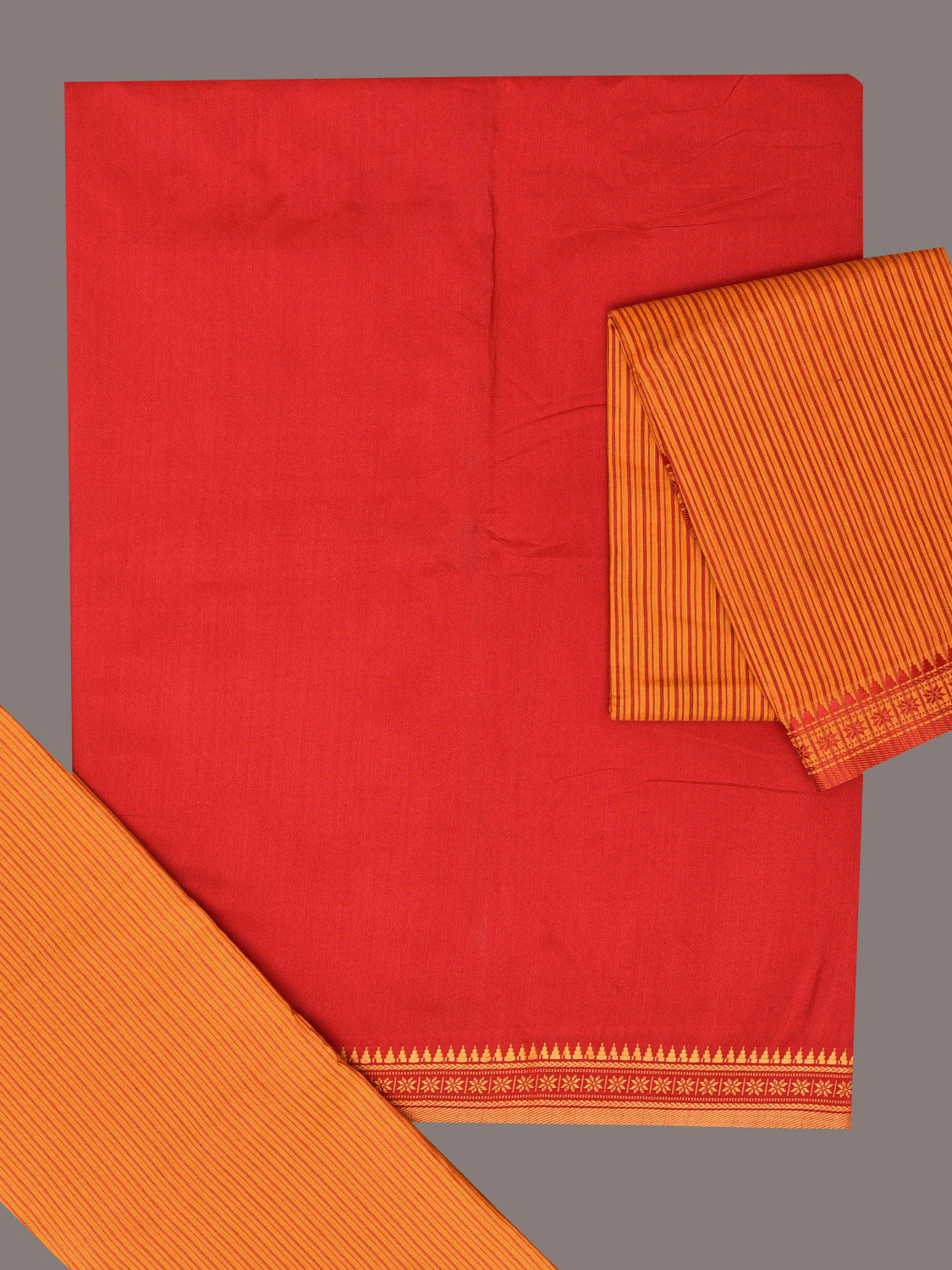 Red and Yellow Bamboo Cotton Dress Material with Dupatta and Plain Top Strips Bottom Design dm0054