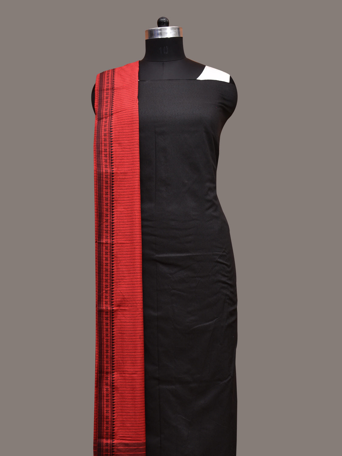 Black and Red Bamboo Cotton Dress Material with Dupatta and Plain Top Strips Bottom Design dm0055