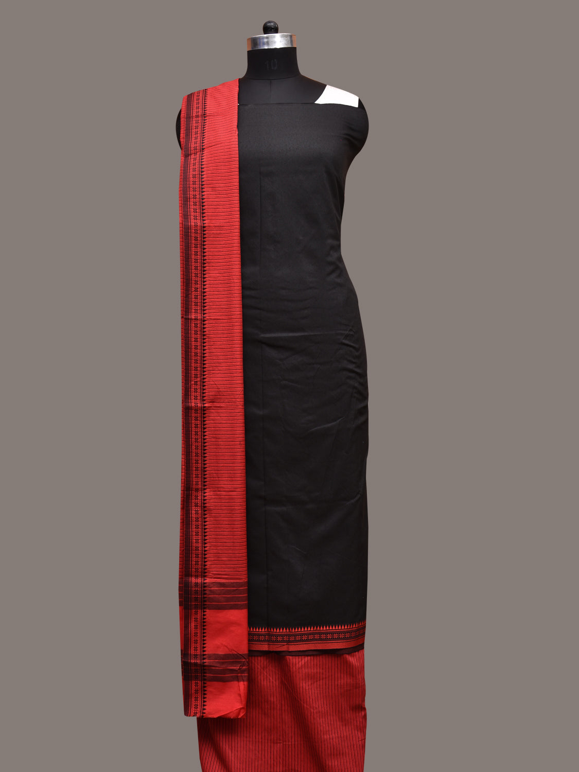 Black and Red Bamboo Cotton Dress Material with Dupatta and Plain Top Strips Bottom Design dm0055