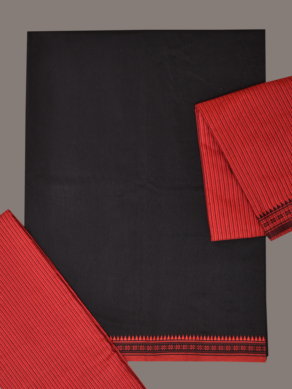Black and Red Bamboo Cotton Dress Material with Dupatta and Plain Top Strips Bottom Design dm0055