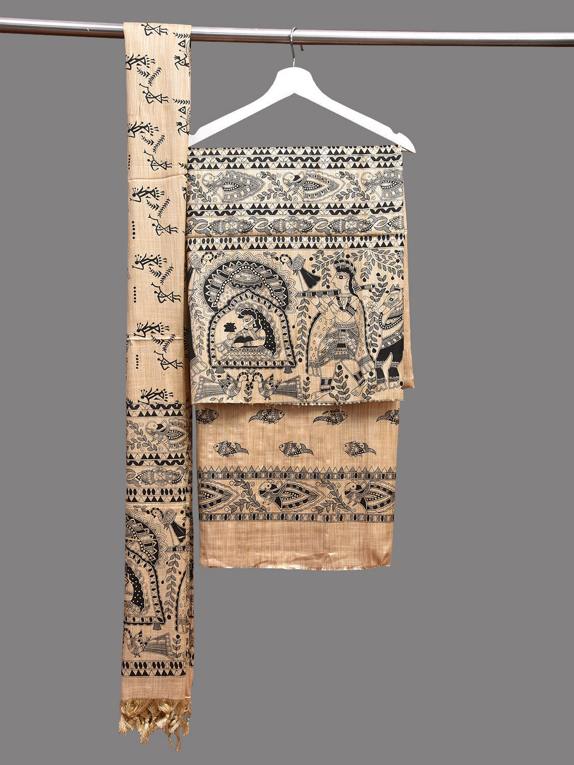 Cream Madhubani Print Tussar Dress Material with Top-Bottom Piece and Dupatta dm0059