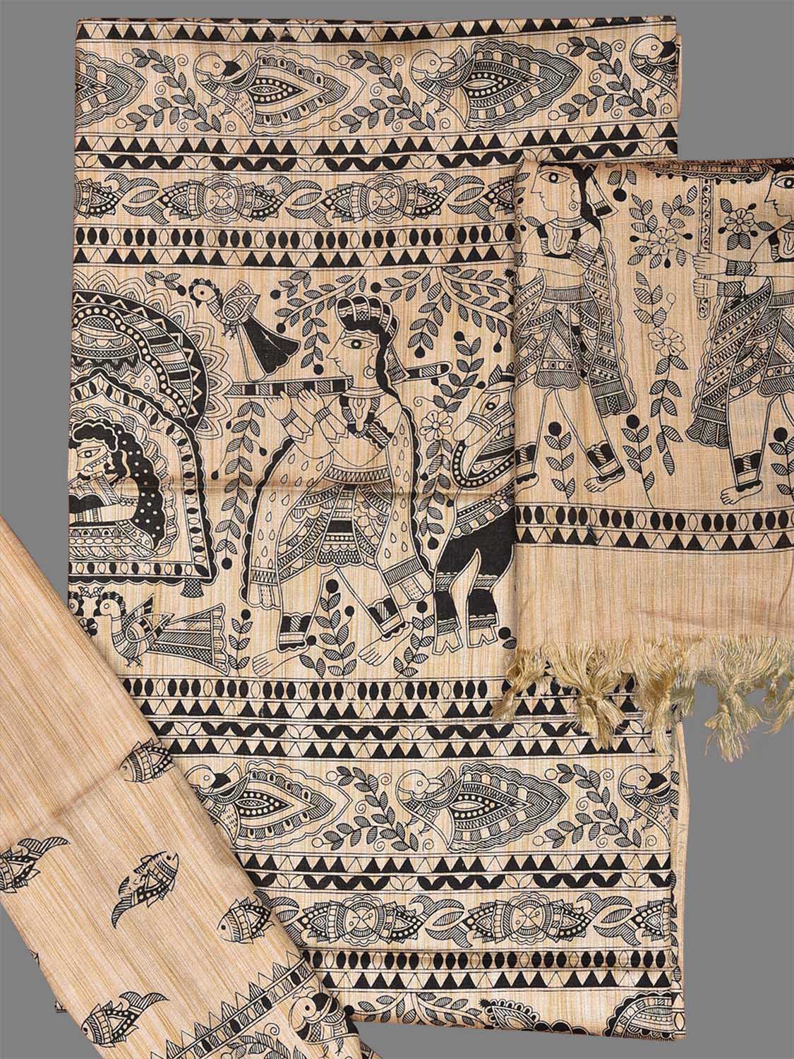 Cream Madhubani Print Tussar Dress Material with Top-Bottom Piece and Dupatta dm0059