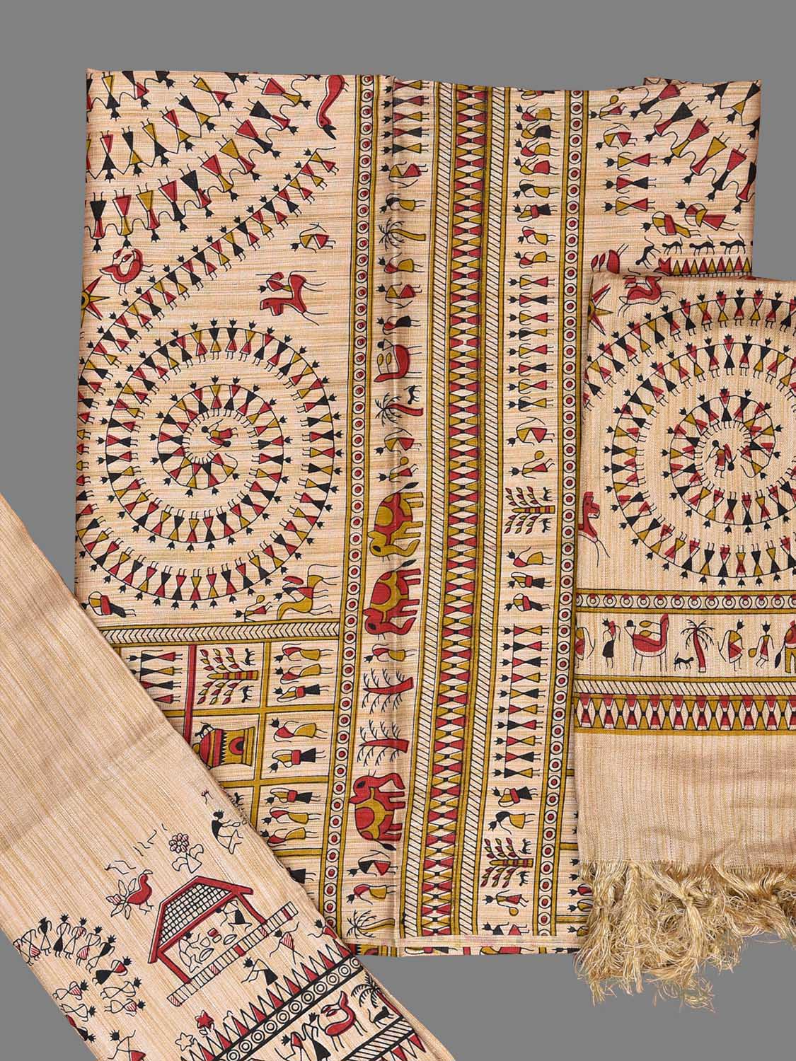 Cream Madhubani Print Tussar Dress Material with Top-Bottom Piece and Dupatta dm0058