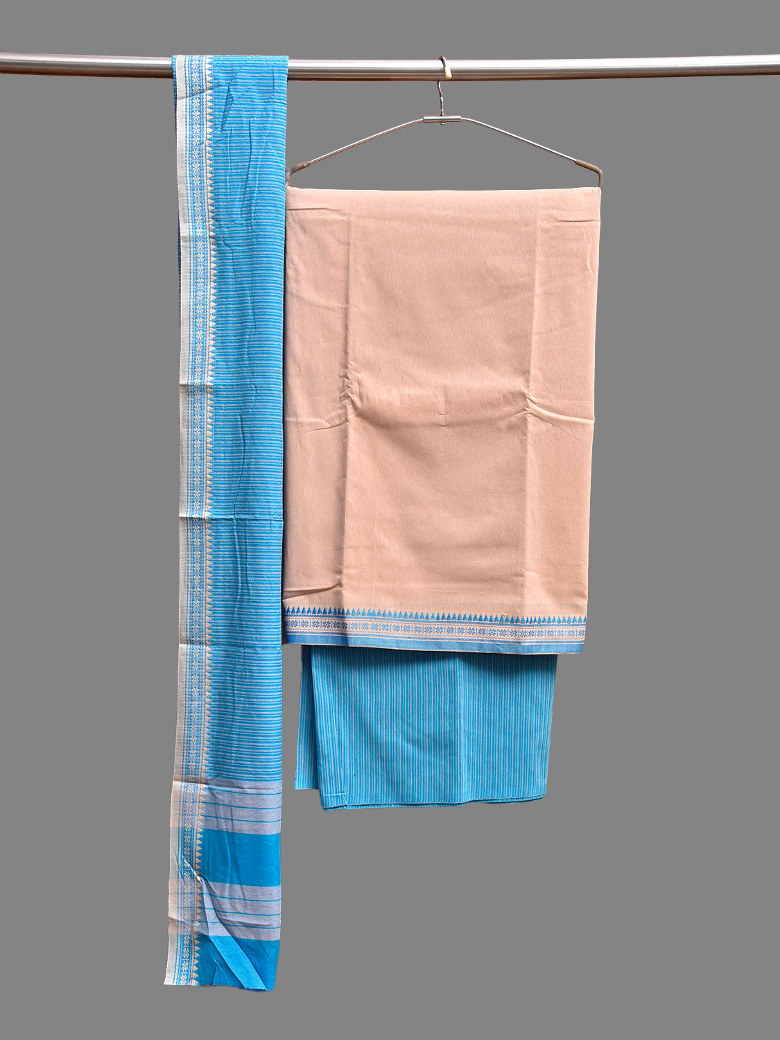 Cream and Blue Bamboo Cotton Dress Material with Strips Dupatta and Plain Top and Bottom Design dm0073