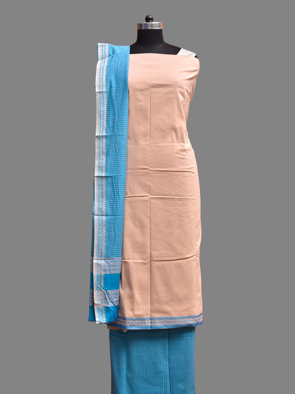 Cream and Blue Bamboo Cotton Dress Material with Strips Dupatta and Plain Top and Bottom Design dm0073