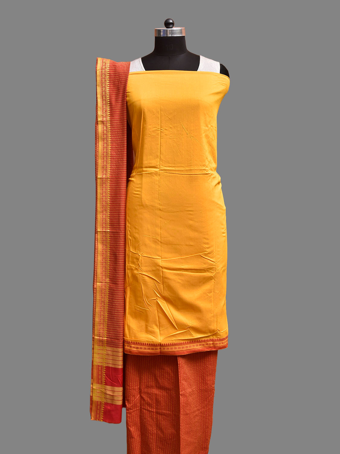 Yellow and Red Bamboo Cotton Dress Material with Strips Dupatta and Plain Top and Bottom Design dm0074