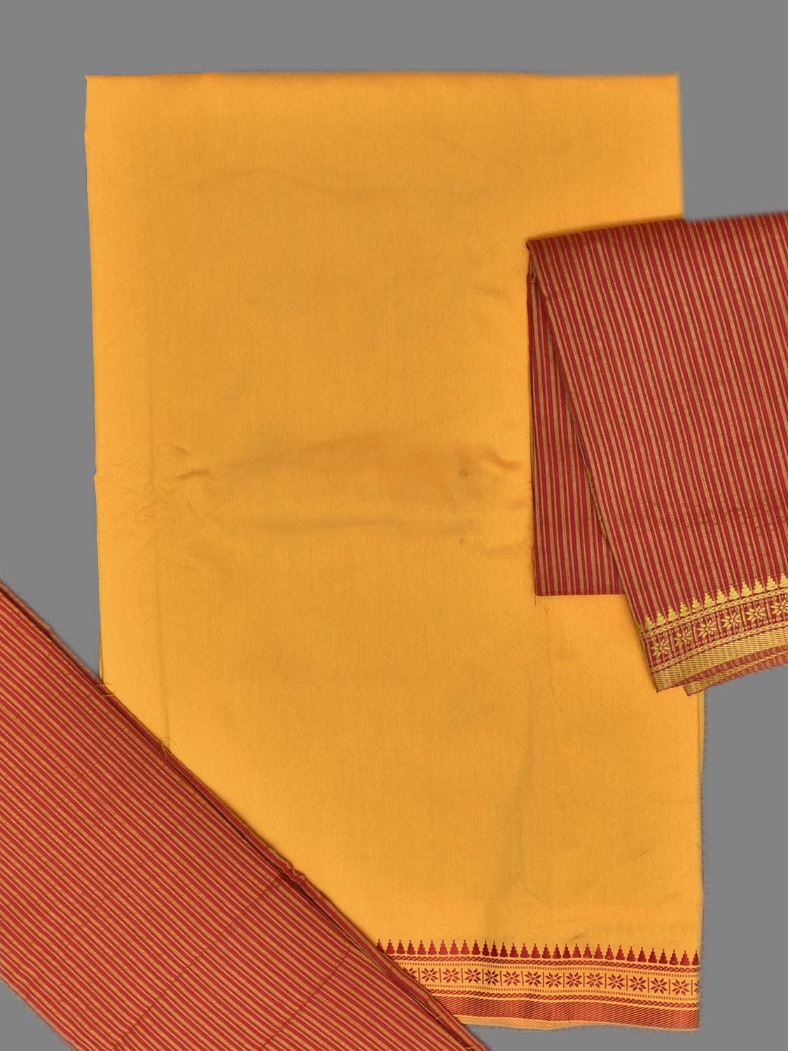 Yellow and Red Bamboo Cotton Dress Material with Strips Dupatta and Plain Top and Bottom Design dm0074