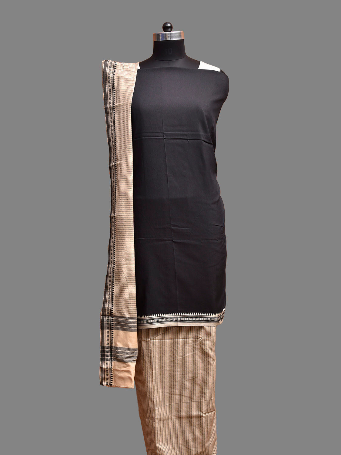 Black and Cream Bamboo Cotton Dress Material with Strips Dupatta and Plain Top and Bottom Design dm0075
