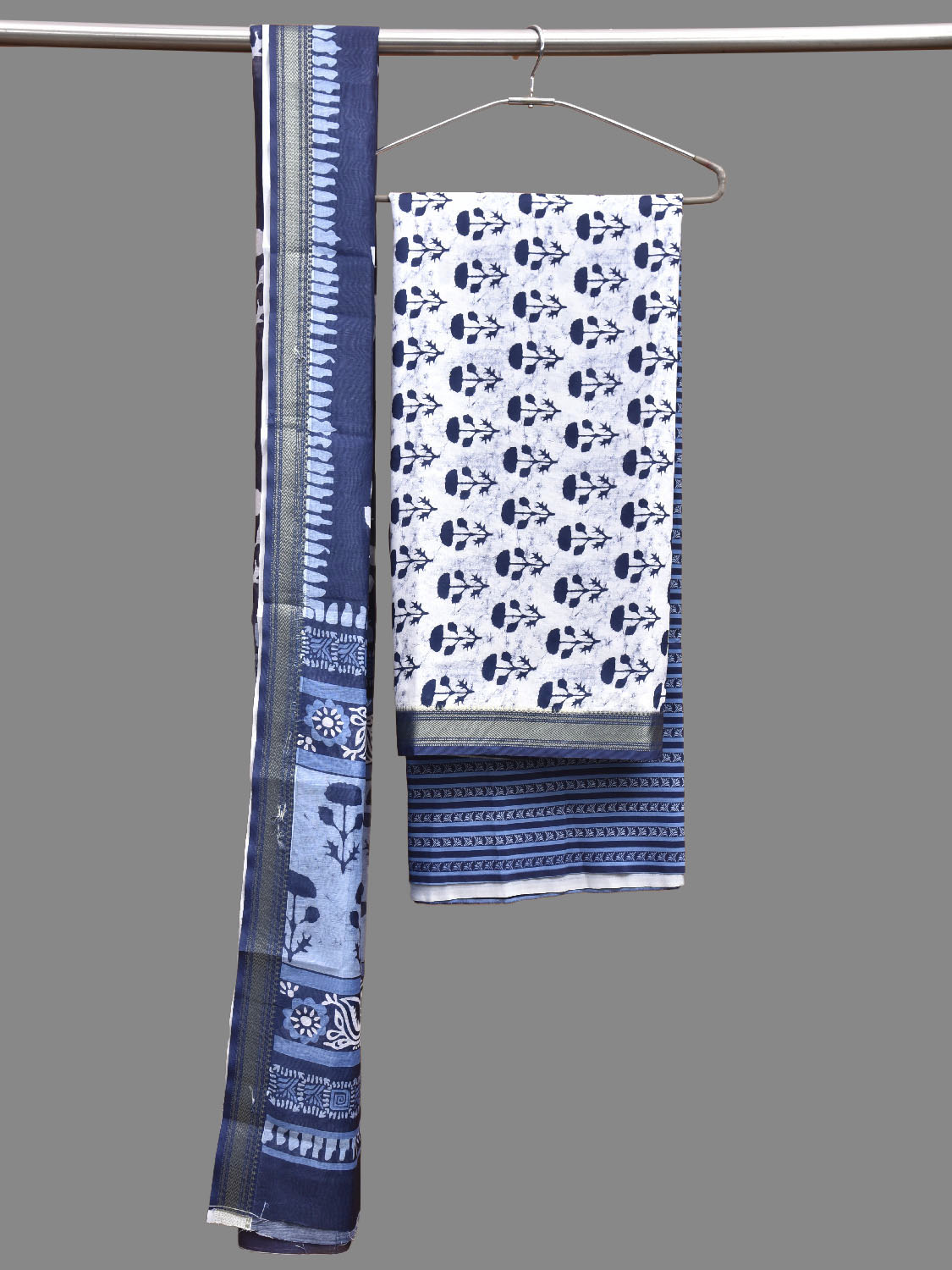 White and Blue Bamboo Cotton Dress Material with Floral Dupatta and Top Strips Bottom Design dm0077