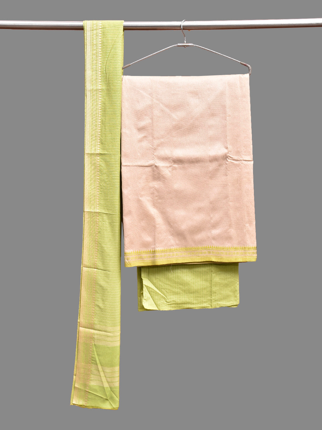 Cream and Light Green Bamboo Cotton Dress Material with Strips Dupatta and Plain Top and Bottom Design dm0078