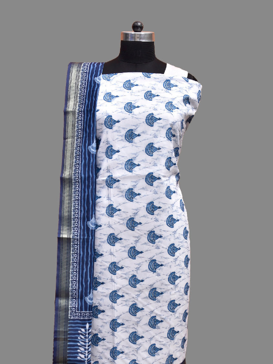 White and Blue Bamboo Cotton Dress Material with Floral Dupatta and Top Strips Bottom Design dm0079