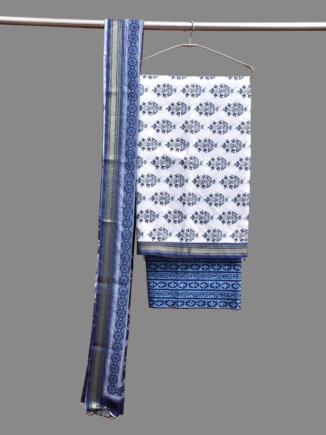 White and Blue Bamboo Cotton Dress Material with Floral Dupatta and Top Strips Bottom Design dm0081