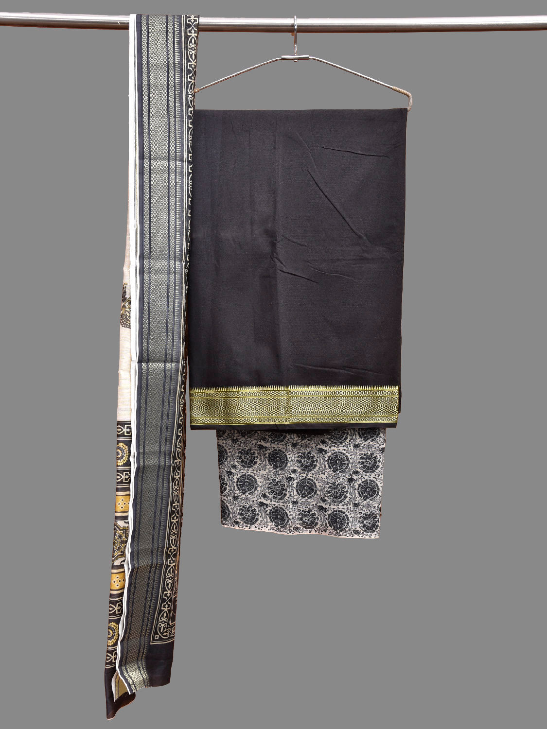 Black and White Bamboo Cotton Dress Material with Plain Top and Floral Dupatta Bottom Design dm0082