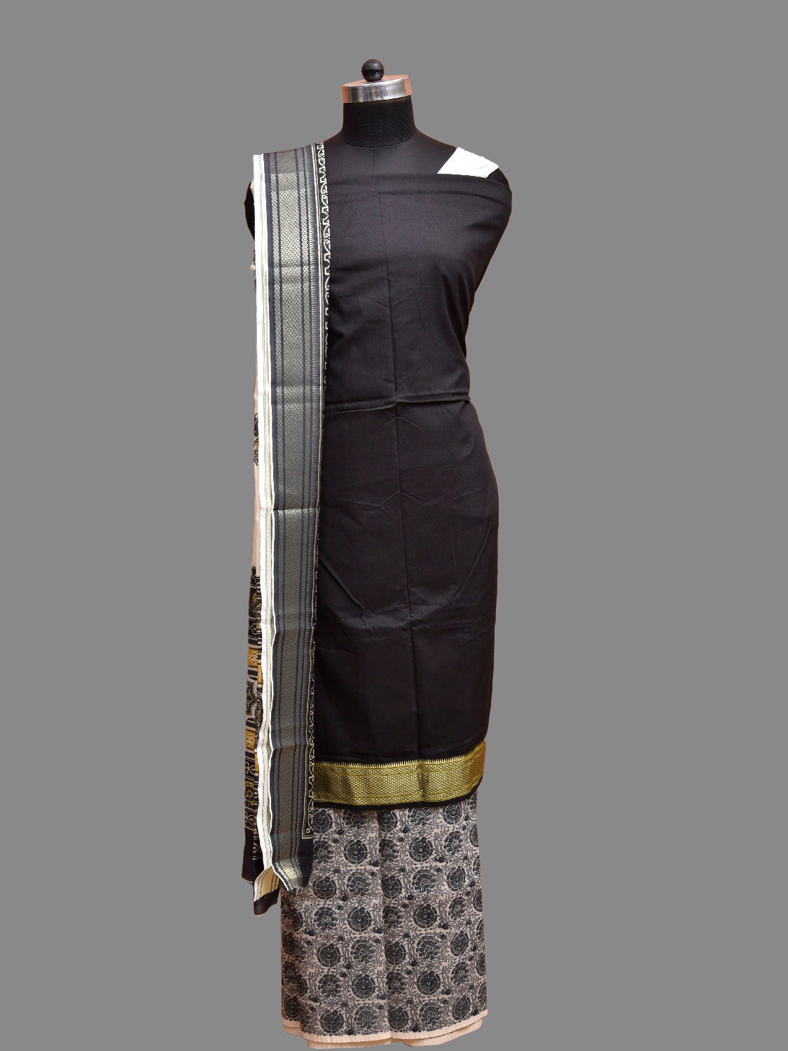 Black and White Bamboo Cotton Dress Material with Plain Top and Floral Dupatta Bottom Design dm0082