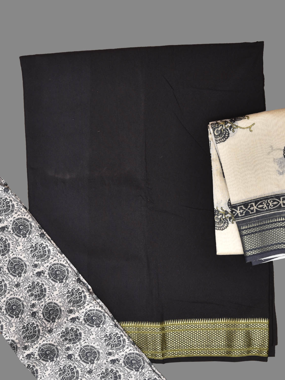 Black and White Bamboo Cotton Dress Material with Plain Top and Floral Dupatta Bottom Design dm0082