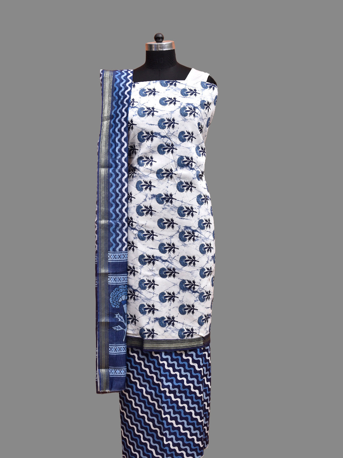White and Blue Bamboo Cotton Dress Material with Floral Top and Zig-Zag Dupatta Bottom Design dm0083