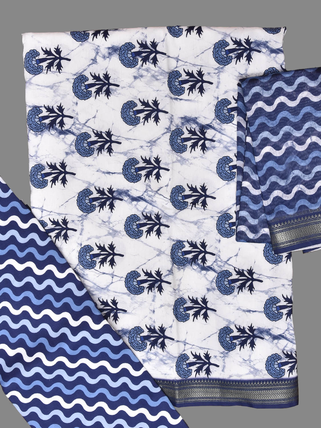 White and Blue Bamboo Cotton Dress Material with Floral Top and Zig-Zag Dupatta Bottom Design dm0083