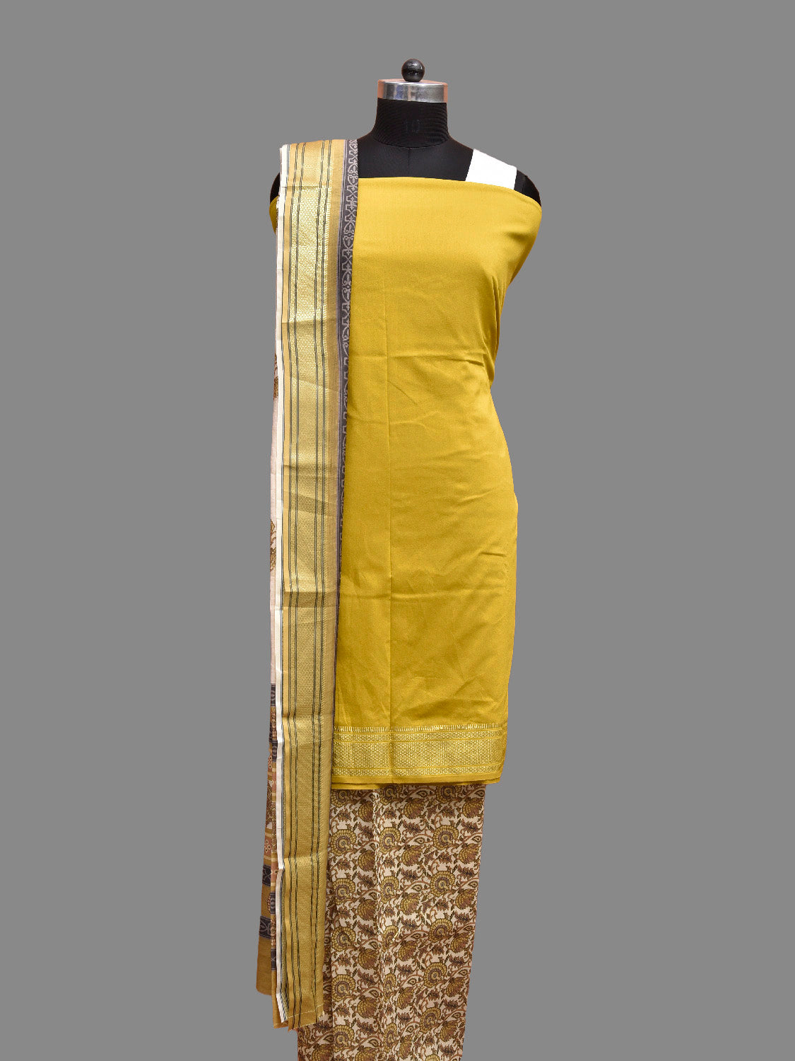 Olive and Cream Bamboo Cotton Dress Material with Plain Top and Floral Dupatta Bottom Design dm0084