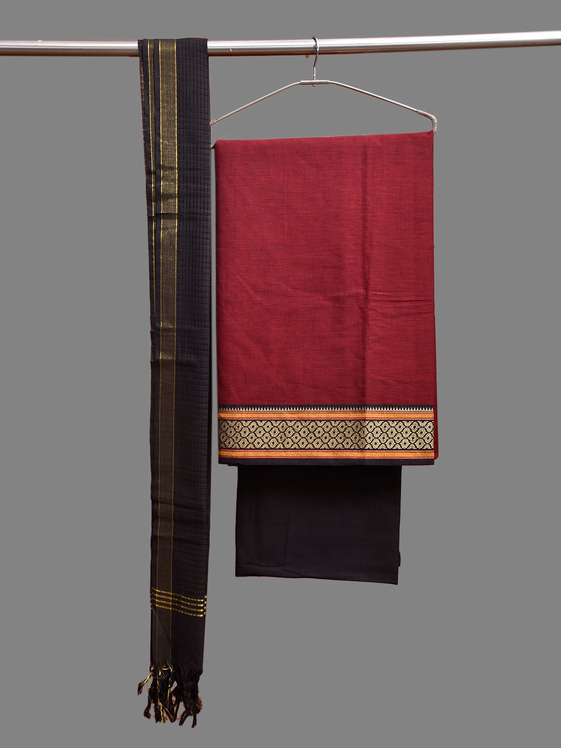 Maroon and Black Kanchipuram Cotton Dress Material with Plain Top Dupatta and Bottom Design dm0085